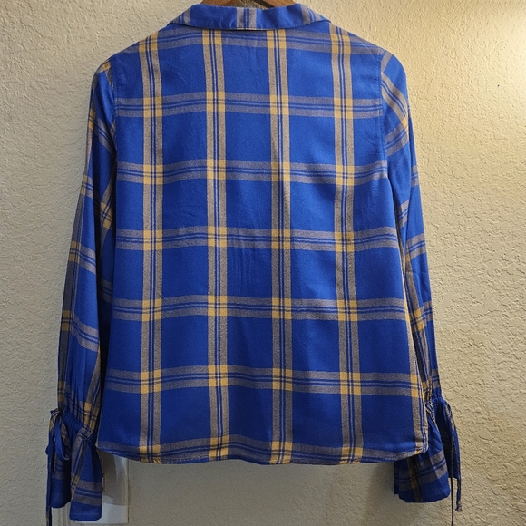 Express Wrap Front Blouse Womens Size SP Blue Yellow Plaid V-neck Flutter Sleeve - Picture 2 of 7
